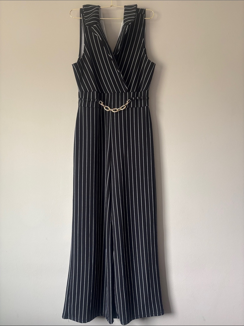 No Boundaries Black Pinstripe One-Shoulder Jumpsuit with Gold Chain